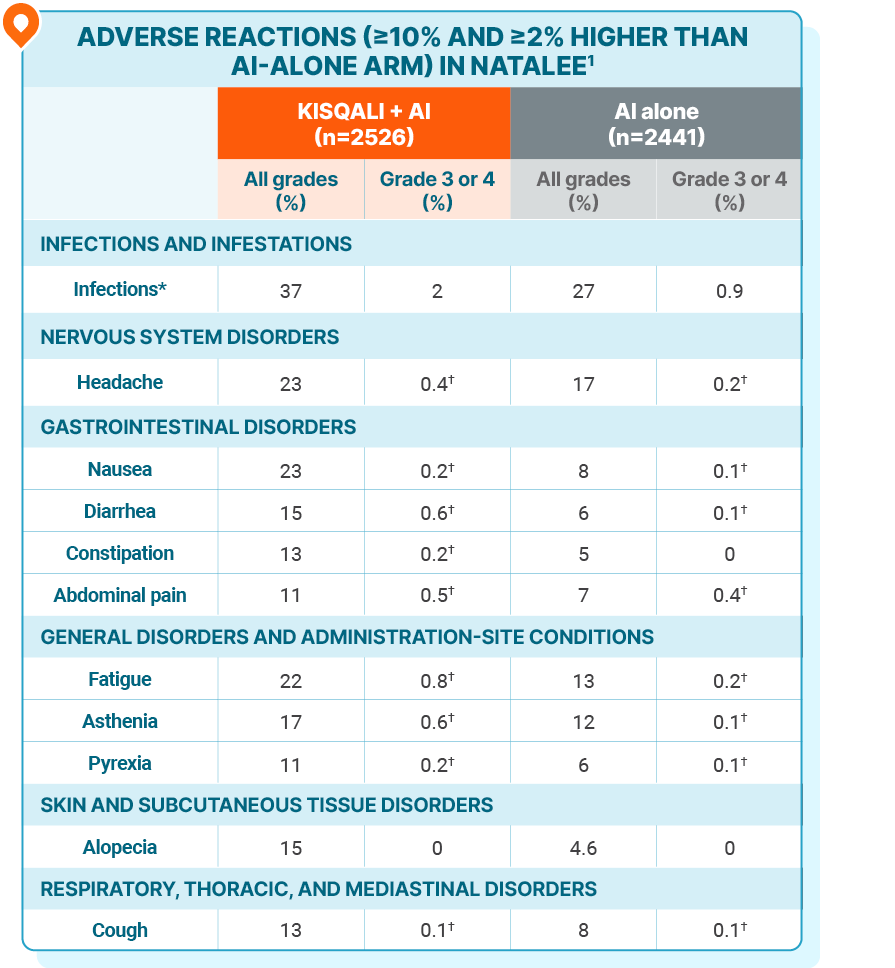 A table showing adverse reactions (≥10% and ≥2% higher than AI-alone arm) in NATALEE. Table shows adverse reactions with KISQALI + AI vs AI alone, and includes values for all grades and, separately, grade 3 or 4. Adverse reactions listed include infections, headache, nausea, diarrhea, constipation, abdominal pain, fatigue, asthenia, pyrexia, alopecia, and cough.